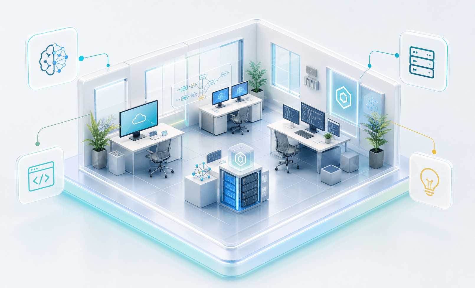 3D isometric Caminode studio workspace for AI integration, product engineering, and infrastructure work